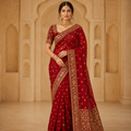 Red Zari Embroidered Festive Saree