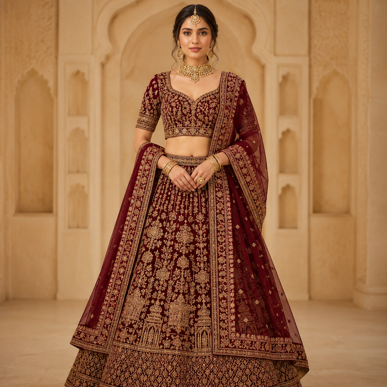 Maroon Embroidered Bridal Lehenga Set