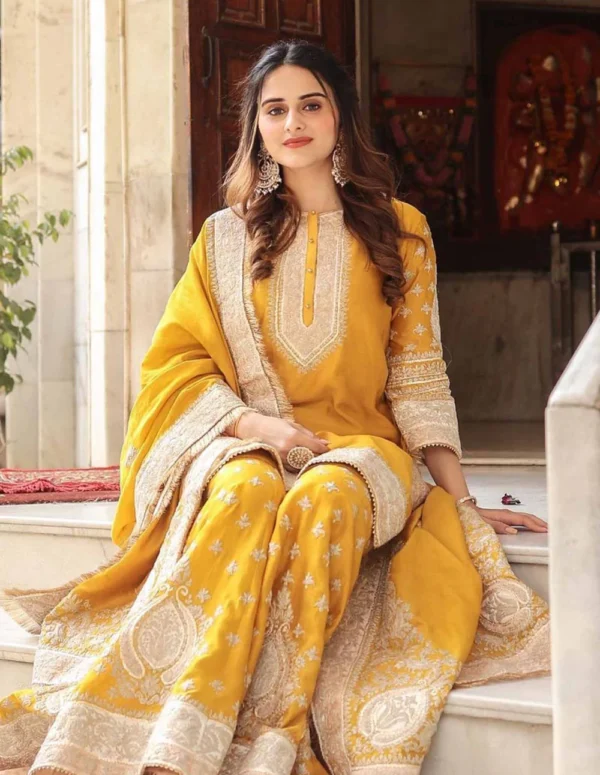 Glaze Mustard Short Kurta With Sharara And Odhni